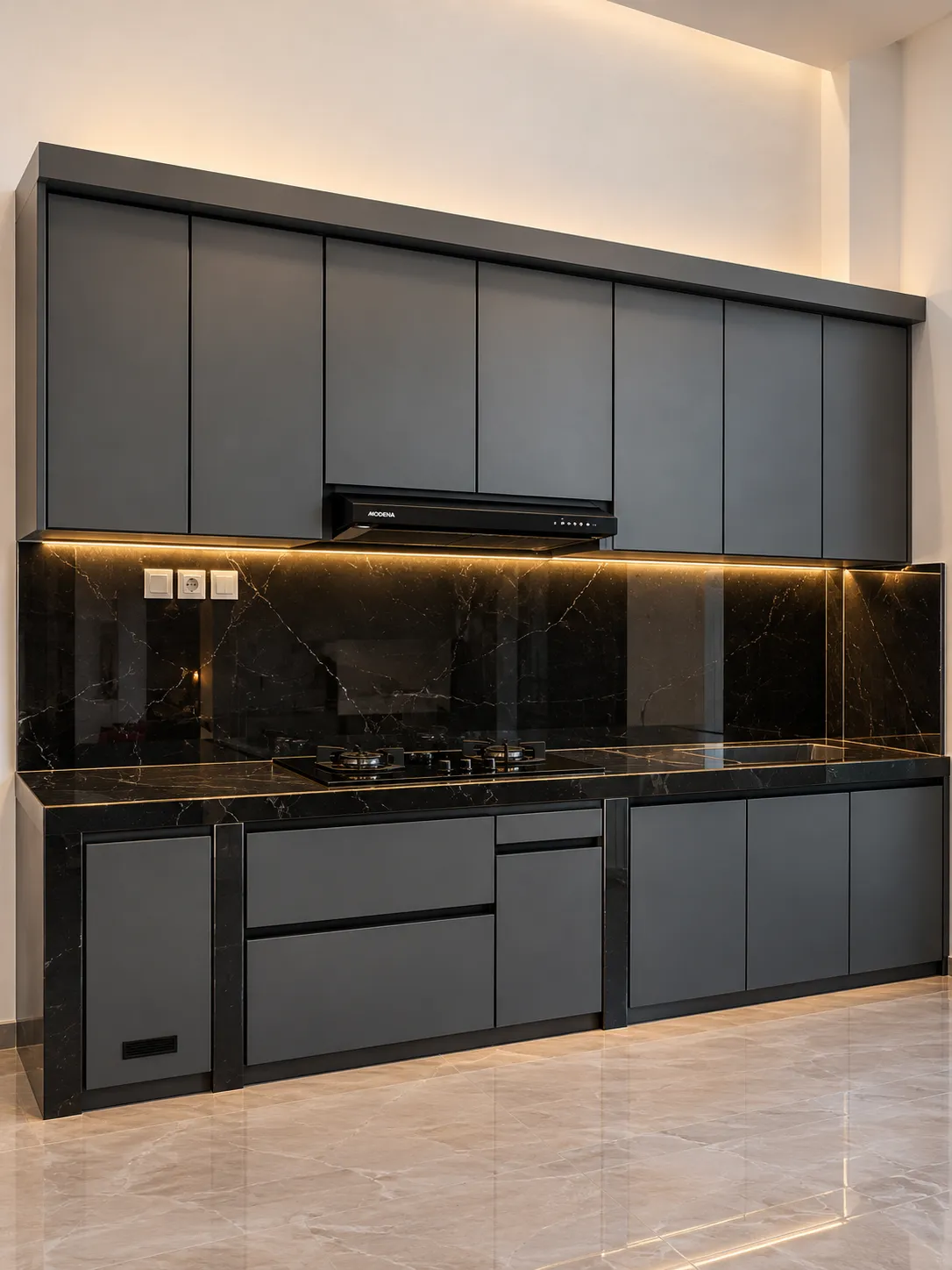 Ilustrasi kitchen set aluminium dengan kabinet atas dan bawah